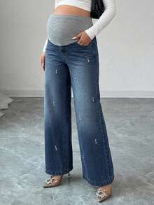 DAZY Casual Washed Rhinestone Decor Elegant Daily Wear Wide Leg All Season Maternity Long Denim Jeans Fall - Medium Wash - View 7