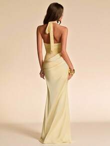 SHEIN BAE Spring Summer Pale Yellow Halter V-Neck Lace Patchwork Cinched Waist Ruched Draped Maxi Dress Gentle Sexy Casual Style For Beach Wedding Party Formal - Light Yellow - View 2
