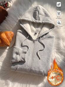 SHEIN EZwear 女款休閒抽繩寬鬆拉鍊連帽衛衣，適合日常穿著與返校季，秋季上衣，適用日常通勤、聚會、秋冬夏季、聖誕節、新年、感恩節、派對、婚禮、海灘、畢業典禮、優雅、外出、約會、通勤、情人節、度假、Y2K - 灰色 - 查看 5