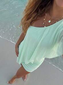 Aloruh Women's Solid Color One-Shoulder Mini Beach Vacation Dress For Vacation Mint Green Summer Sexy Tropical - Mint Green - View 5