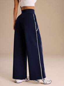Dewbera Dewbera Contrast Trim High Waist Sports Pants - Blue - View 2