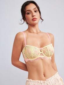 Elorette 甜美可愛雙色蕾絲無鋼圈內衣 - 黃色 - 查看 1