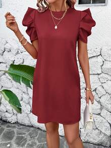 SHEIN Clasi 女款純色圓領短花瓣袖優雅短洋裝 - 酒紅色 - 查看 4