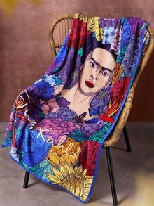 Frida Kahlo X SHEIN 1件裝可愛印花加厚毯，柔軟保暖不易掉毛，多尺寸可選，適用沙發、床鋪、午休使用 - 多彩藍 - 查看 2