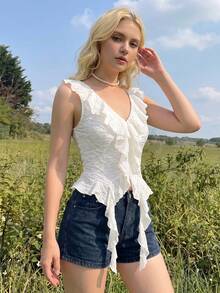 SHEIN MOD 白色无袖短款上衣，带宽褶边和不对称下摆，飘逸舒适女式背心，布里奇顿，夏季 - 白色 - 查看 7