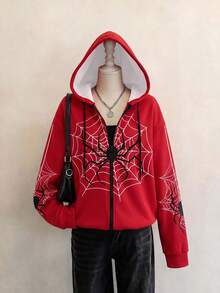 SHEIN EZwear 女款休閒拉鍊連帽衛衣，蜘蛛圖案，秋冬服飾 - 彩色 - 查看 5