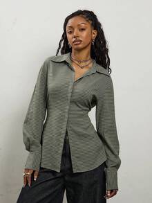 COUREZ Long Sleeve Cinched Shirt In Grid Check / Fall Tops Y2K Green Fall Cute Autumn Clothes For Women Outfits Rave Club Outfits For Women Going Out Tops - Army Green - View 1