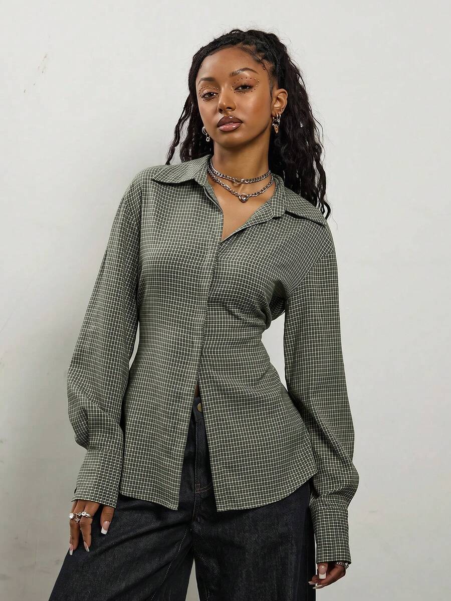 COUREZ Long Sleeve Cinched Shirt In Grid Check / Fall Tops Y2K Green Fall Cute Autumn Clothes For Women Outfits Rave Club Outfits For Women Going Out Tops - Army Green - View 1