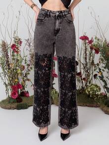 PRISCILA ESCOTO PRISCILA ESCOTO Women's High Waist Embroidered Hollow Out Loose Jeans, Fashionable For Spring/Autumn Carnival And Birthday Casual Vacation - Black - View 3