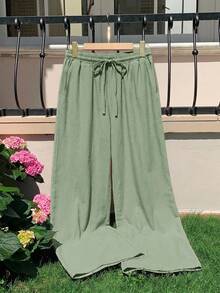 GalTyme Plus Size Women's Solid Color Drawstring Waist Casual Versatile Daily Wear Long Pants Fall - Green - View 5