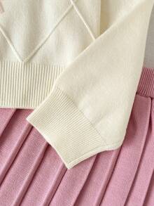 Tween Girl Sweater Set, Peter Pan Collar And Bow, Geometric Diamond Knit Pattern, Soft And Comfortable Fabric,Long Sleeve,Fall Winter Back To School - Pink - View 3