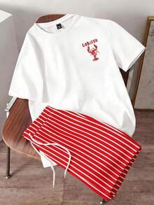 Manfinity Joysei Men's Letter & Lobster Print Short Sleeve T-Shirt And Striped Drawstring Waist Shorts Set - Red - View 2