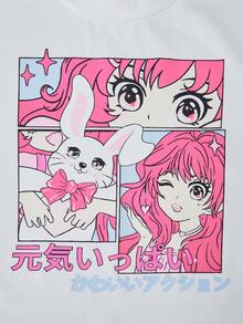 SHEIN 青少年女孩圓領修身短袖卡通印花T恤與字母印花吊帶褲2件套 - 玫紅色 - 查看 4