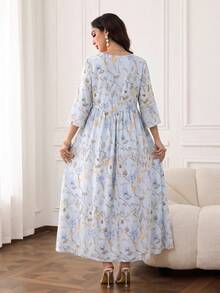 Al Najma 女款時尚花卉印花百褶長袖阿拉伯風度假洋裝 - 藍色 - 查看 6