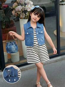 SHEIN Conjunto de 2 piezas para niñas jóvenes, mono a rayas blanco y negro con chaleco de mezclilla, moda casual, adecuado para salidas diarias, hogar y reuniones - Multicolor - Ver 2