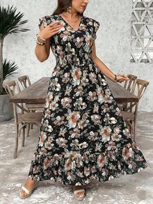 SHEIN LUNE 大尺碼女款V領花卉印花休閒派對洋裝 - 彩色 - 查看 9
