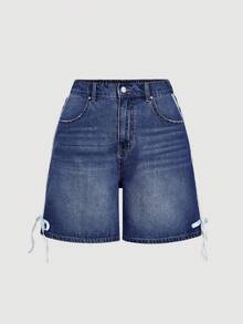 SHEIN MOD 大尺碼夏季休閒撞色條紋蝴蝶結裝飾牛仔短褲 Jorts 牛仔短褲 - 深色水洗藍 - 查看 4