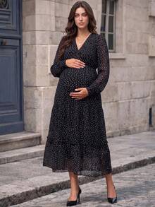 MaterniWear Maternity Polka Dot Print Lantern Sleeve Dress Fall - Black - View 5