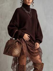 LUMIGAL Women's Casual Solid Color Turtleneck Sweater, Autumn/Winter - Brown - View 3