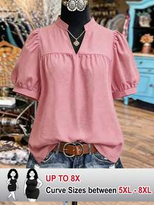 SHEIN CURVE+ 女士春夏立领泡泡袖优雅短袖衬衫，适合约会、通勤、与朋友聚会等场合 - 西瓜粉 - 查看 1