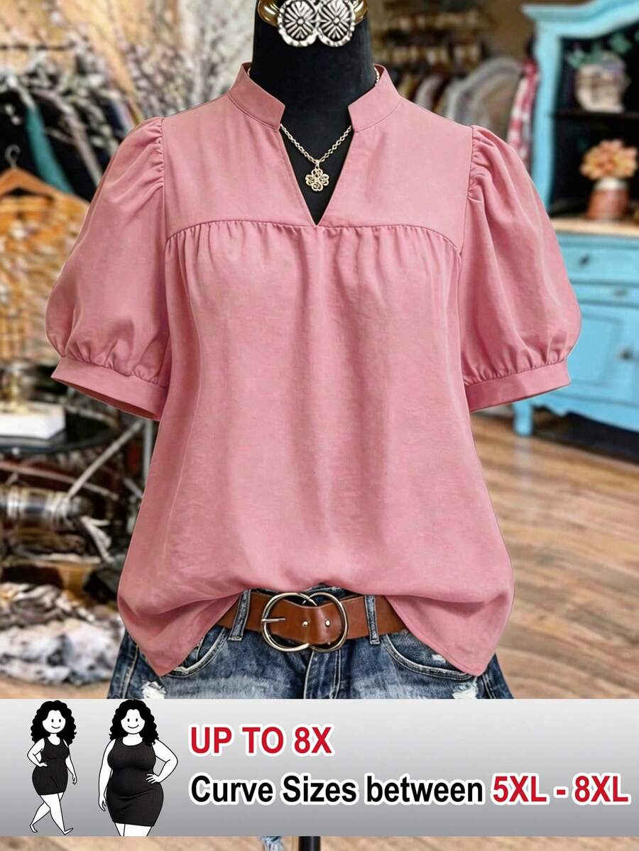 SHEIN CURVE+ 女士春夏立领泡泡袖优雅短袖衬衫,适合约会、通勤、与朋友聚会等场合 - 西瓜粉 - 查看 1