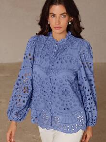 Frievida Autumn New French Style Premium Casual Heavy Embroidery Hollow Out Ruched Puff Long Sleeve Blouse - Baby Blue - View 4
