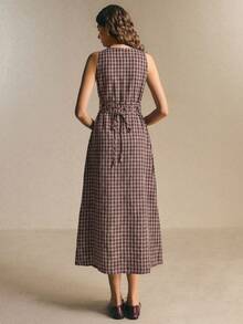 Poéselle Women's Plaid Button-Front Waist-Cinching Slim Fit Long Dress, Commuter Office Wear, Summer Outing Outfit - Coffee Brown - View 2