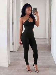 BamGleam Sexy Solid Color Hollow One Shoulder Fitted Sports Jumpsuit - Black - View 3