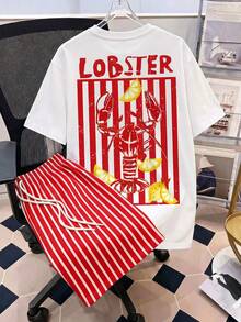 Manfinity Joysei Men's Letter & Lobster Print Short Sleeve T-Shirt And Striped Drawstring Waist Shorts Set - Red - View 6