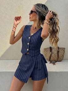 Serisse Women's Vacation Casual Striped Tank Top And Shorts 2 Pieces Set - Navy Blue - View 1