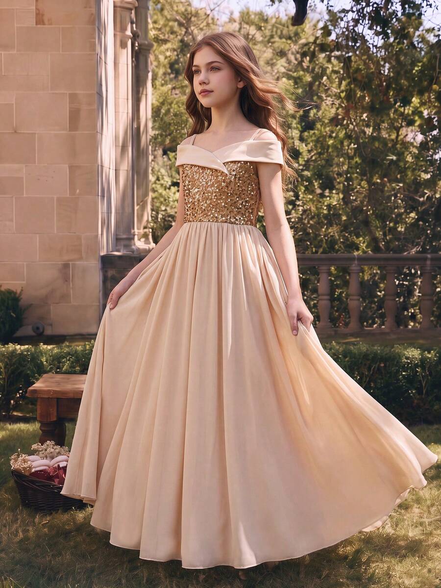 SHEIN Tween Girls Champagne Fall Dress Evening Gown Fall Style Robe Soirée Robe Automne Hiver Christmas Wedding Guest Sequin Off Shoulder Maxi Clothes - Champagne - View 1