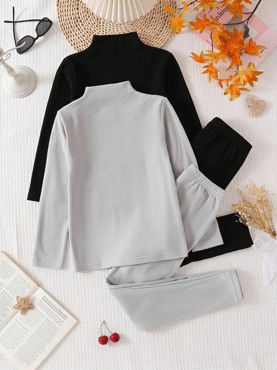 SHEIN 4pcs Girls' Minimalist Black & White Fleece Long Sleeve Top And Pants 4-Piece Pajama Set, Autumn/Winter - Multicolor - View 1