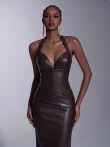 Elitara Elegant Fashionable Coffee Brown Faux Leather Halter Neck Corset Mermaid Dress Backless Bodycon Sweetheart Floor Length Prom Wedding Formal Gown - Coffee Brown - View 2