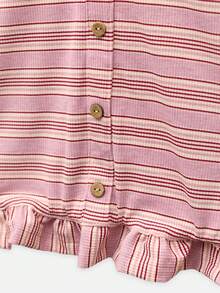Nöista Top acanalado rosa y crema con dobladillo y puños con volantes. Estilo de otoño, vuelta a la escuela y casual. - Rosa - Ver 11