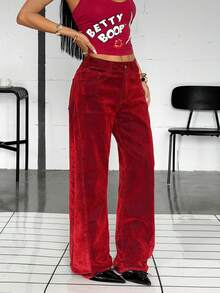 Jeanoix Women's Casual Streetwear Versatile Daily Wear  Flocked Denim Long Pants With Pockets Work Going Out Dark Red Summer - Red - View 5