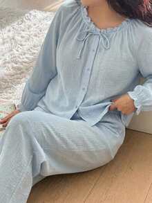 Dazy Plus Sweet Fresh Light Blue All Cotton Ruched Lace Design Loose Plus Size Women Spring Summer Loungewear Pajama Set - Baby Blue - View 4