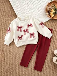 SHEIN Playful Pals 女嬰春秋時尚可愛紅色蝴蝶結圓領長袖衛衣與內搭褲2件套，適合家庭穿搭、1歲生日、婚禮派對及各種場合 - 酒紅色 - 查看 6