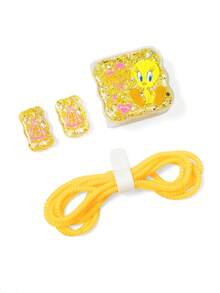 LOONEY TUNES X SHEIN 數據線保護套，適用於 iPhone 充電器，4 件組手機線材保護套，充電器保護套（不含數據線） - 黃色 - 查看 3