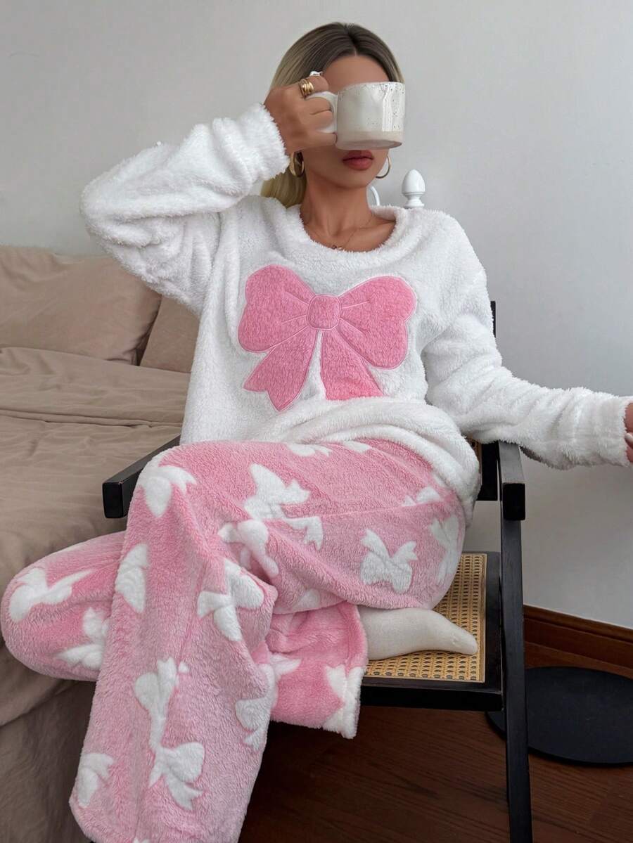 Napfluff Women's Sweet Cute Embroidered Bow Round Neck Long Sleeve Long Pants Pajama Set 2pcs - Pink - View 1