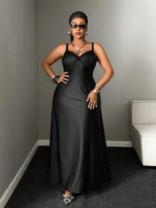 Mawevolt Wet Look Satin Lace Cutout Maxi Slip Dress - Y2K Goth Style - Black - View 4
