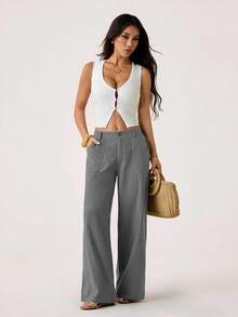 SHEIN PETITE 100% Washed Cotton Low Waist Straight Pants ,Petite Women - Grey - View 5