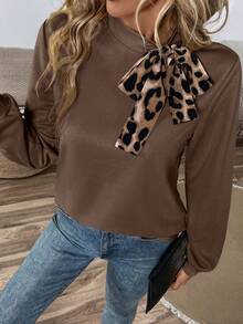 Easowa Women's Casual Elegant Leopard Print Tie-Neck Long Sleeve Sweatshirt Suitable For Autumn Business Daily Wear Brunch Office Work Brown Brown - Brown - View 3