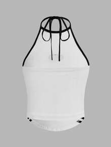 SHEIN ICON Color Block Pleated Halter Neck Backless Top With Border Sticker Fabric - White - View 2