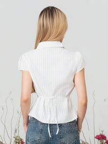 PRISCILA ESCOTO PRISCILA ESCOTO Women's Casual Striped Front Button Waist Shirt, Summer White Silver Office - White - View 2