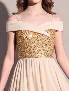 SHEIN Tween Girls Champagne Fall Dress Evening Gown Fall Style Robe Soirée Robe Automne Hiver Christmas Wedding Guest Sequin Off Shoulder Maxi Clothes - Champagne - View 6