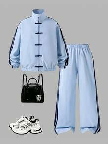SHEIN 2件組女孩新中式運動服，秋季休閒日常上學、戶外旅行、通勤套裝 - 藍色 - 查看 6