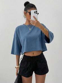 SHEIN EZwear 女士纯色简约圆领长袖T恤，日常穿着 - 藍色 - 查看 5