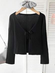 SHEIN Tween女孩秋冬新款時尚休閒學院風黑色針織提花羅紋蝴蝶結開襟衫，返校穿搭，秋冬外出穿搭，適合多種搭配 - 黑色 - 查看 4