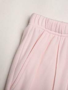 SHEIN Tween女孩秋冬休閒優雅度假風 粉色針織連帽貼布口袋刺繡拉鍊長袖修身夾克與長褲兩件套 - 粉色 - 查看 10