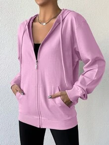 EURMUSE 100%Cotton Solid Zip Up Drawstring Hoodie - Baby Pink - View 4